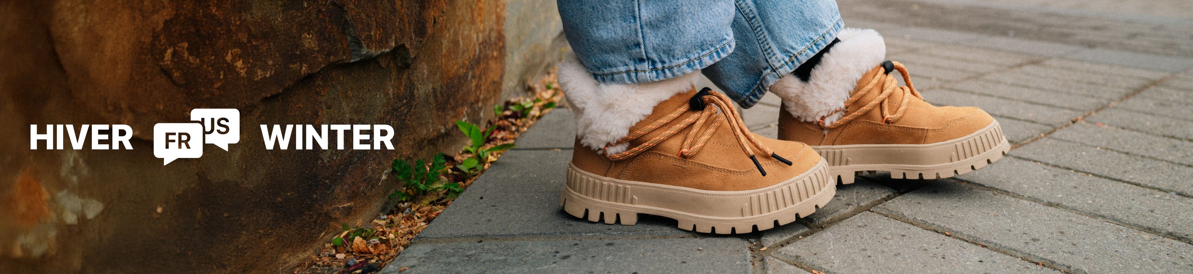 Pallashock Lo Hiver boots on a sidewalk next to Hiver-Winter FR-US translation. 