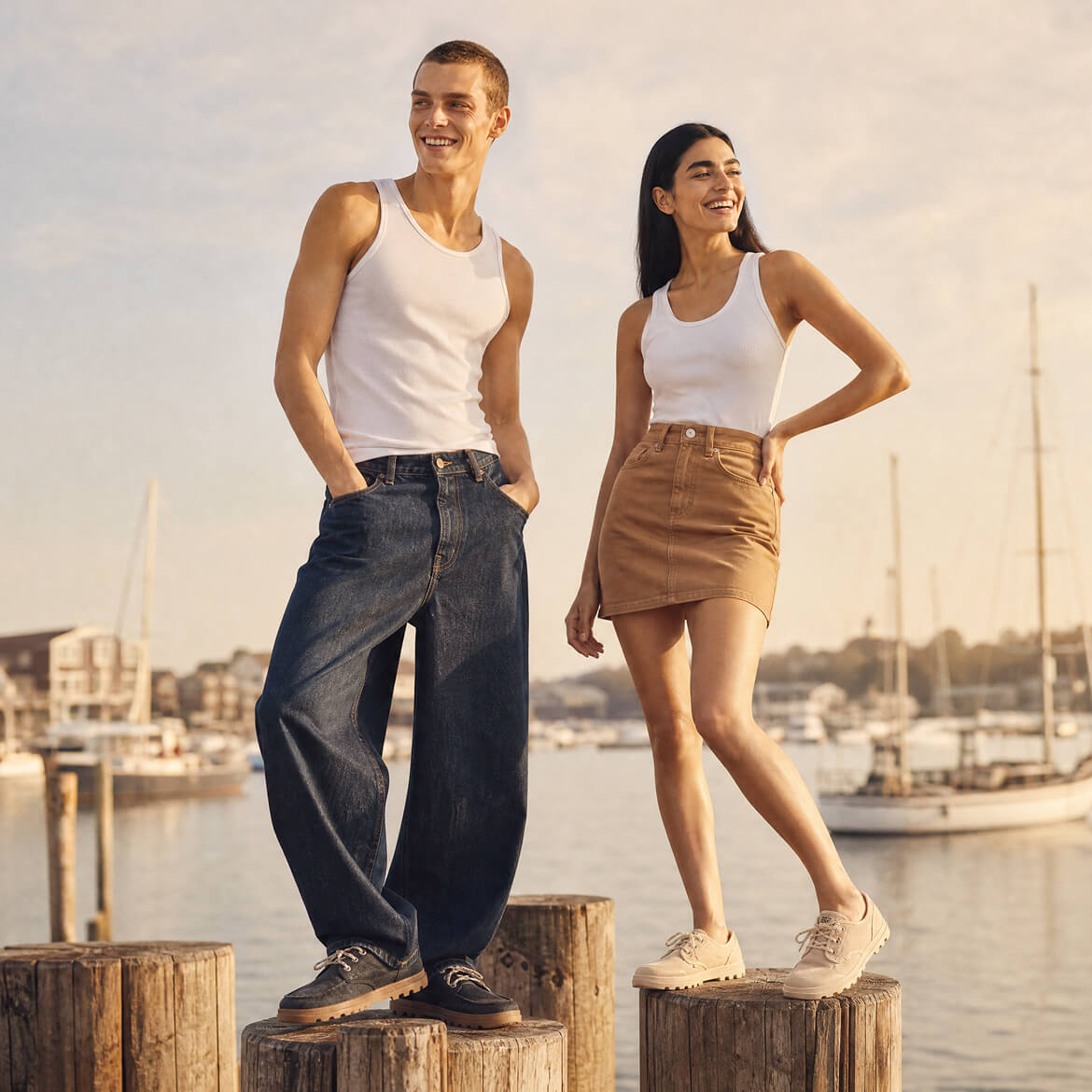 Two people standing on wooden posts by a waterfront with sailboats in the background.