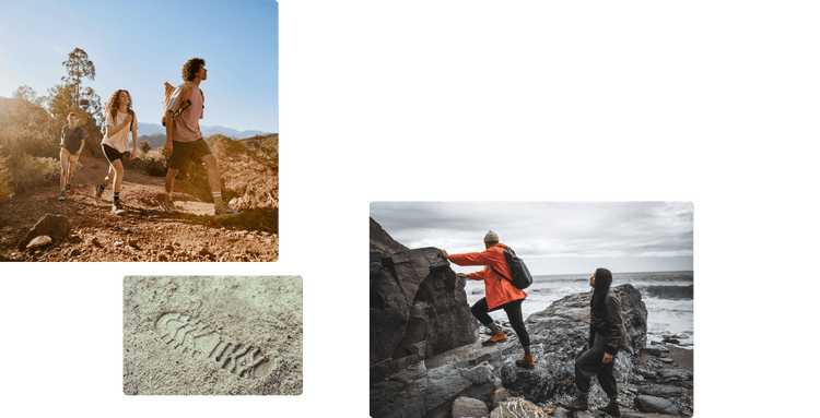 Collage of hikers on sunny trail, shoe print in sand, and climbers by cloudy seaside rocks.