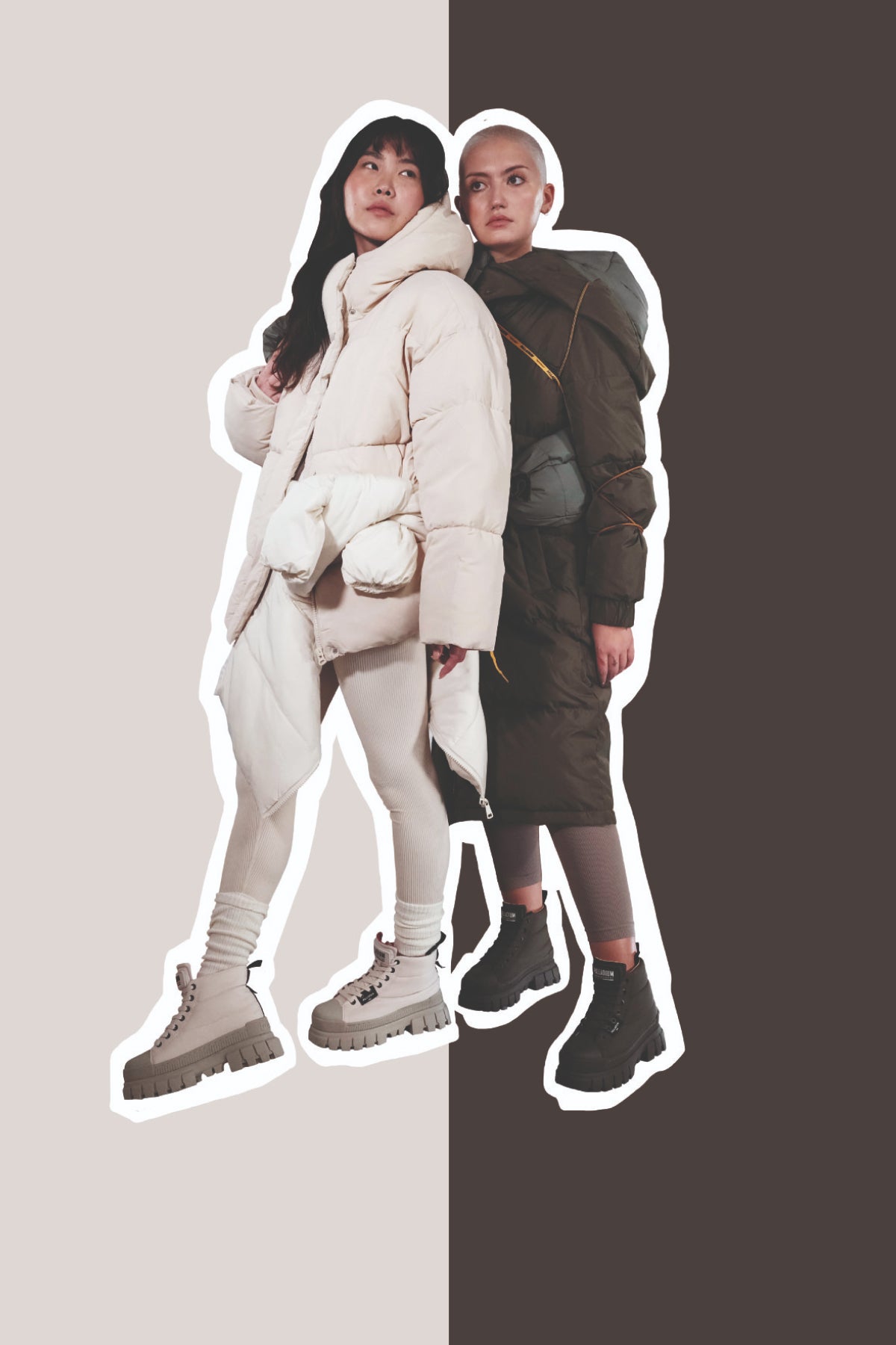 Beige puffer and green coat with Palladium sneakers shown on split background