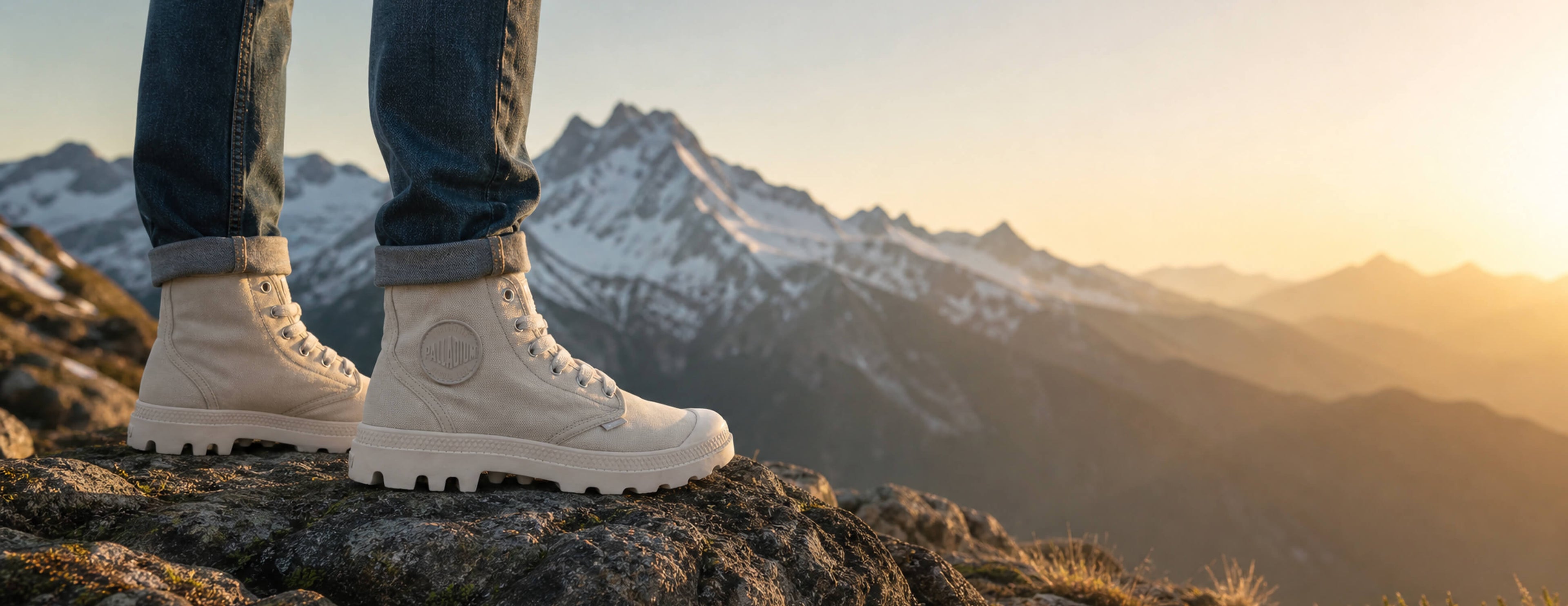 Person wearing white boots standing on a rocky outcrop with snow-capped mountains in the background during sunset.