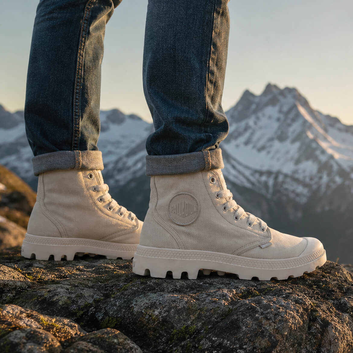 Person wearing beige boots with a mountainous landscape in the background