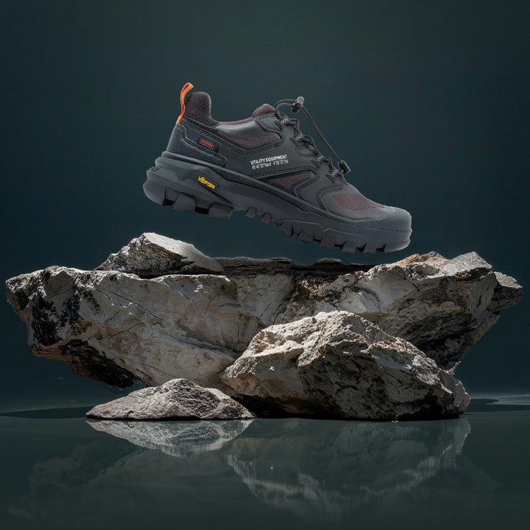 Pallarider Lo WPA shoe in black floating above a rock